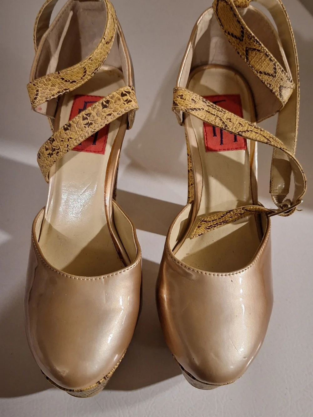 Women's Gold Platform Heels with Snake-Print Straps